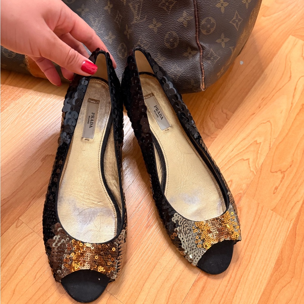 Prada Black and Gold Sequin Flats